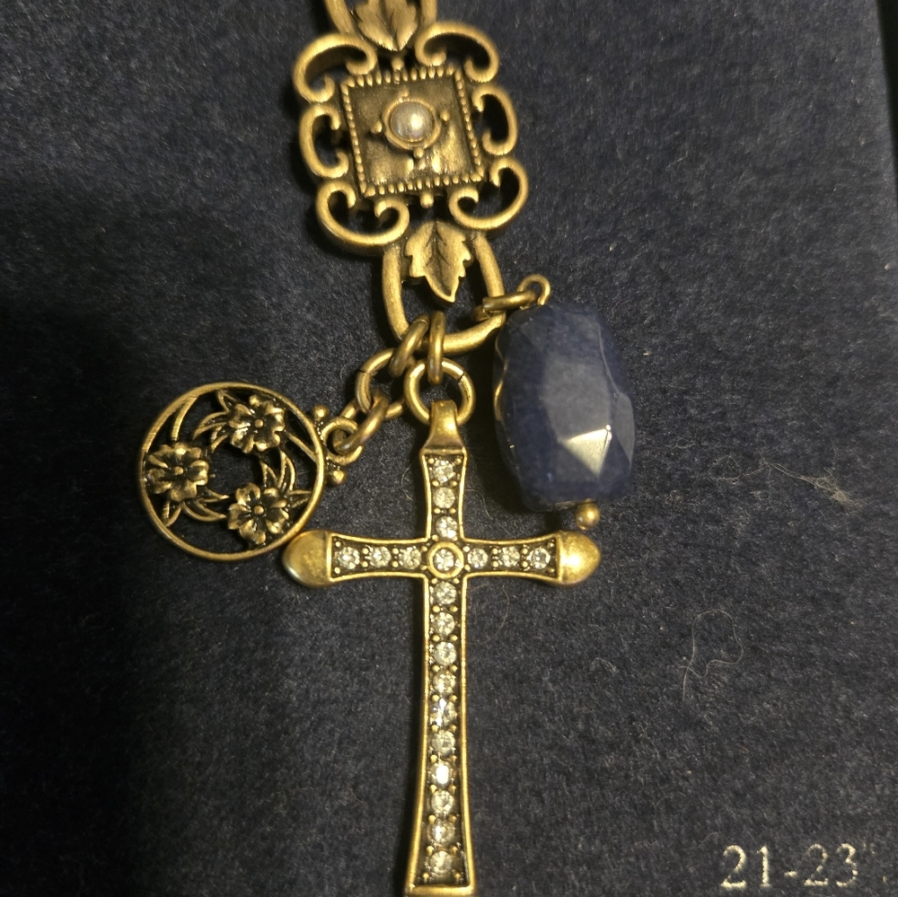 LUCKY BRAND Vintage Gold and Blue Cross Pendant Necklace